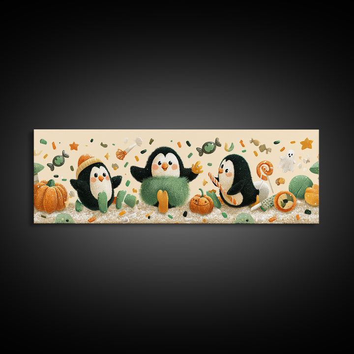 The Penguin Monster, Plush Halloween Art, Extra Wide Wall Art, Canvas Print, Cute Halloween Wall Art