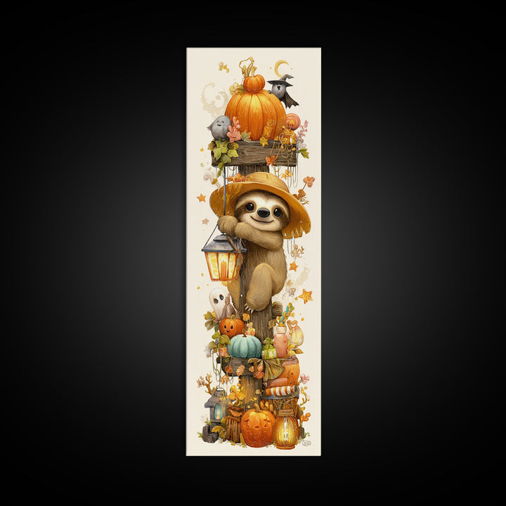 The Scarecrow Sloth, Kawaii Halloween Art, Tall Narrow Wall Art, Framed Canvas Print, Cute Halloween Wall Art