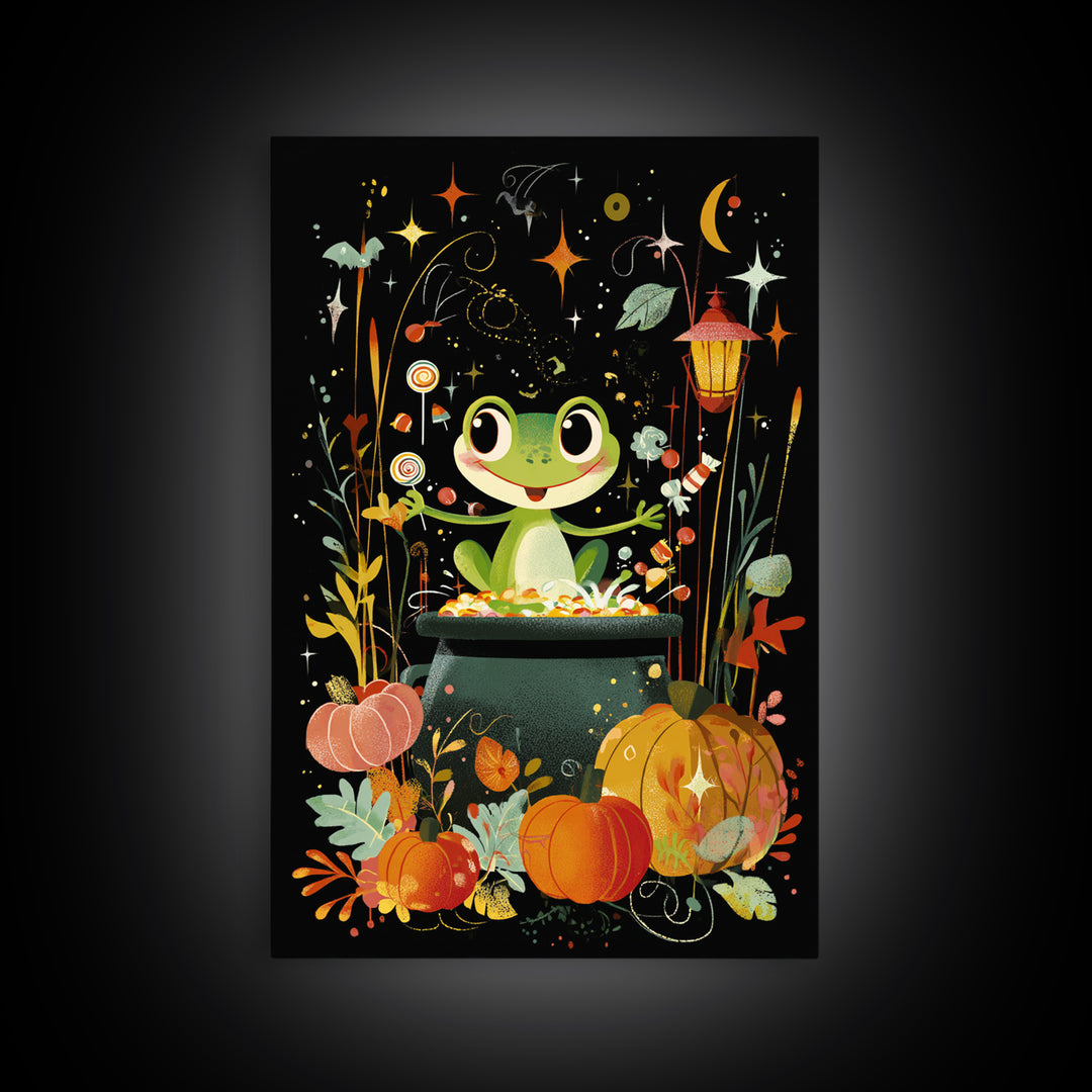 The Cauldron Frog, Retro Halloween Art, Vertical Wall Art, Canvas Print, Cute Halloween Wall Art, Whimsical Nursery Decor