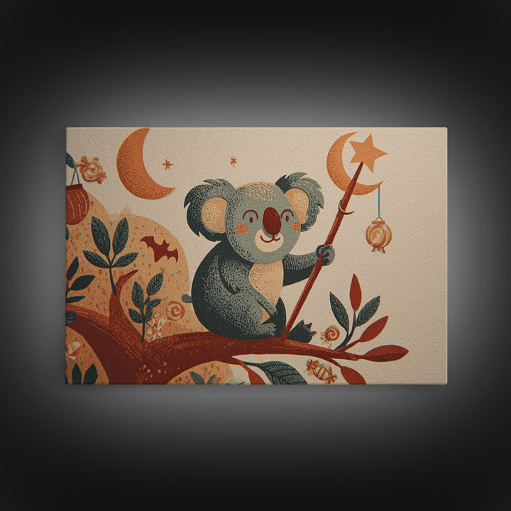 The Koala Wizard, Screenprint Halloween Art, Landscape Wall Art, Framed Canvas Print, Cute Halloween Wall Art