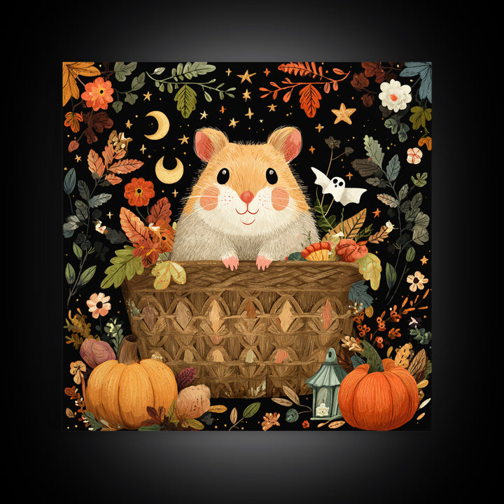 The Pumpkin Hamster, Folk Halloween Art, Square Wall Art, Canvas Print, Cute Halloween Wall Art, Halloween Kids Decor