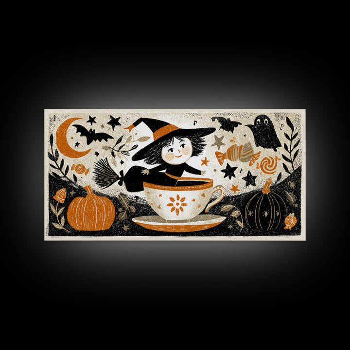 The Teacup Witch, Linocut Halloween Art, Wide Panoramic Art, Framed Canvas Print, Cute Halloween Wall Art
