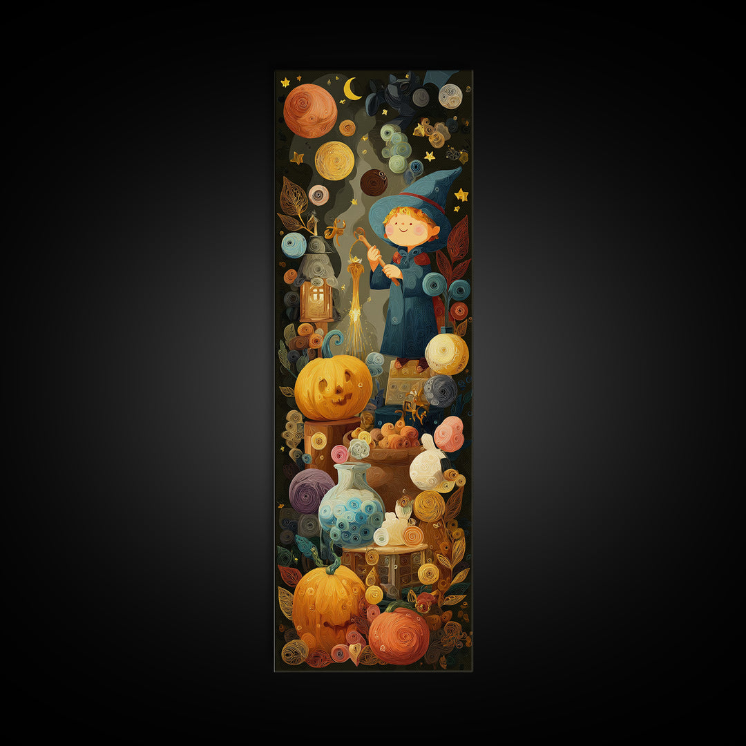 The Bubble Potion Apprentice, Quilled Halloween Art, Tall Narrow Wall Art, Framed Canvas Print, Cute Halloween Wall Art