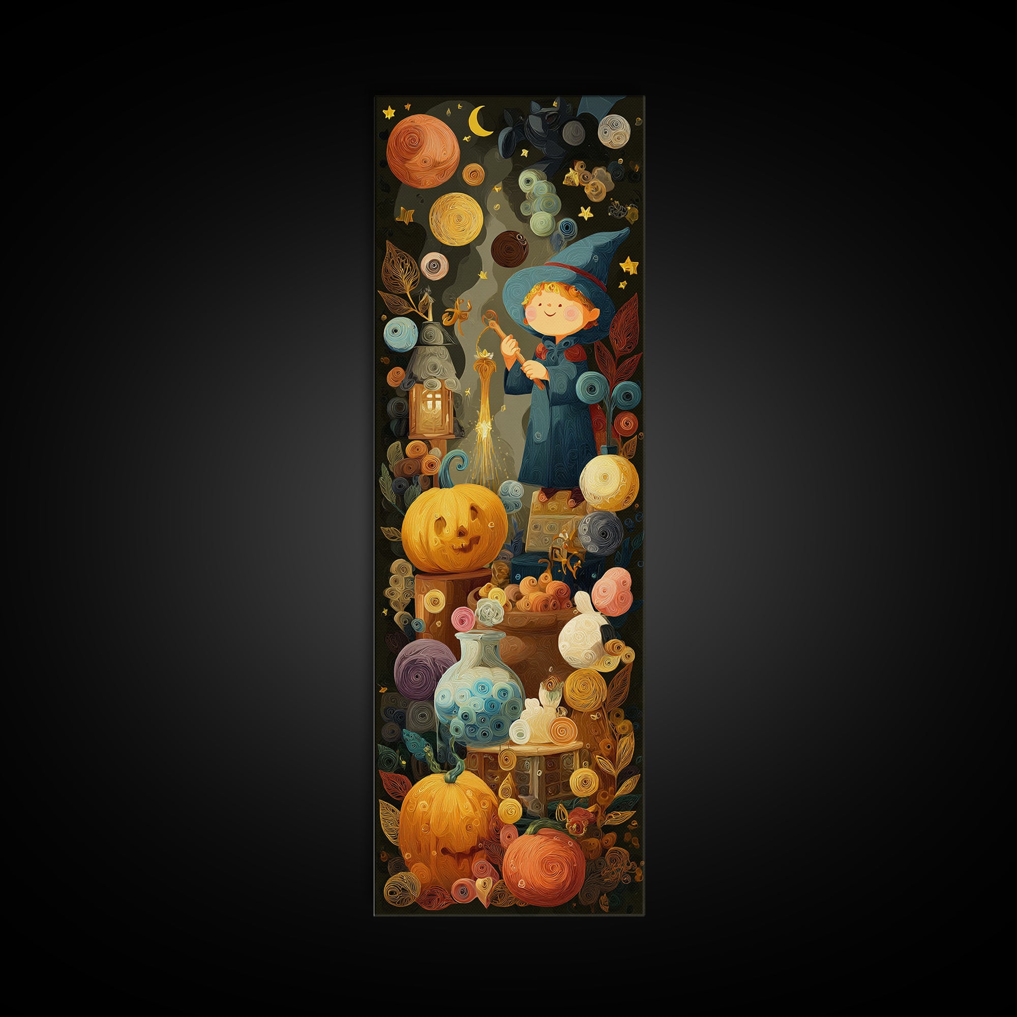 The Bubble Potion Apprentice, Quilled Halloween Art, Tall Narrow Wall Art, Framed Canvas Print, Cute Halloween Wall Art