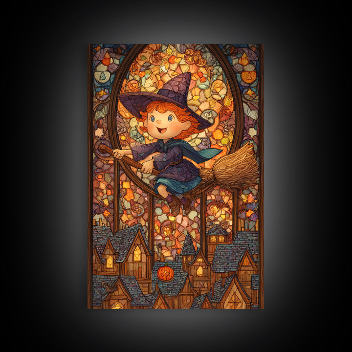 The Witch With A Balloon Broom, Stained Glass Halloween, Vertical Wall Art, Canvas Print, Cute Halloween Wall Art