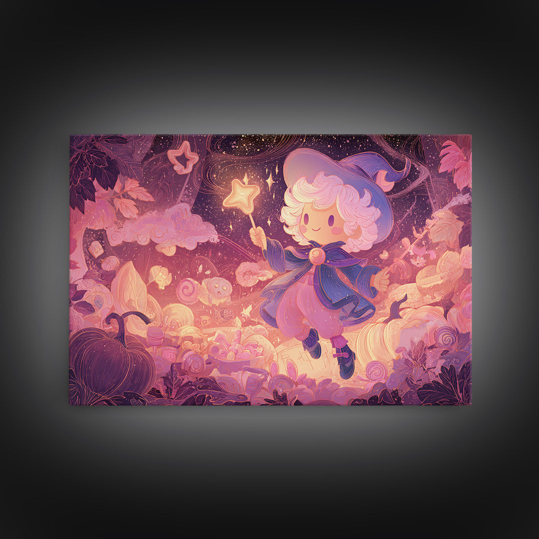 The Cookie Spellcaster, Vaporwave Halloween Art, Landscape Wall Art, Framed Canvas Print, Cute Halloween Wall Art