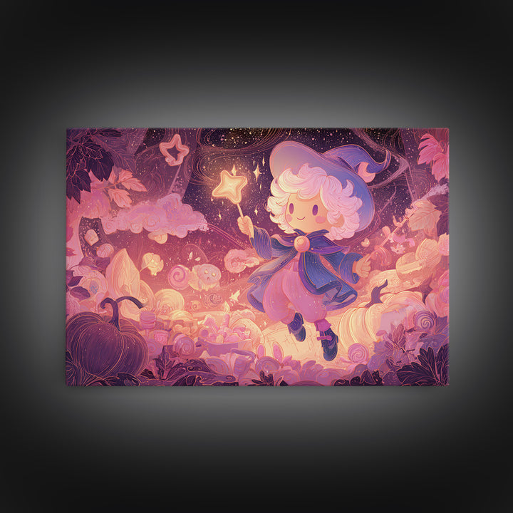 The Cookie Spellcaster, Vaporwave Halloween Art, Landscape Wall Art, Framed Canvas Print, Cute Halloween Wall Art