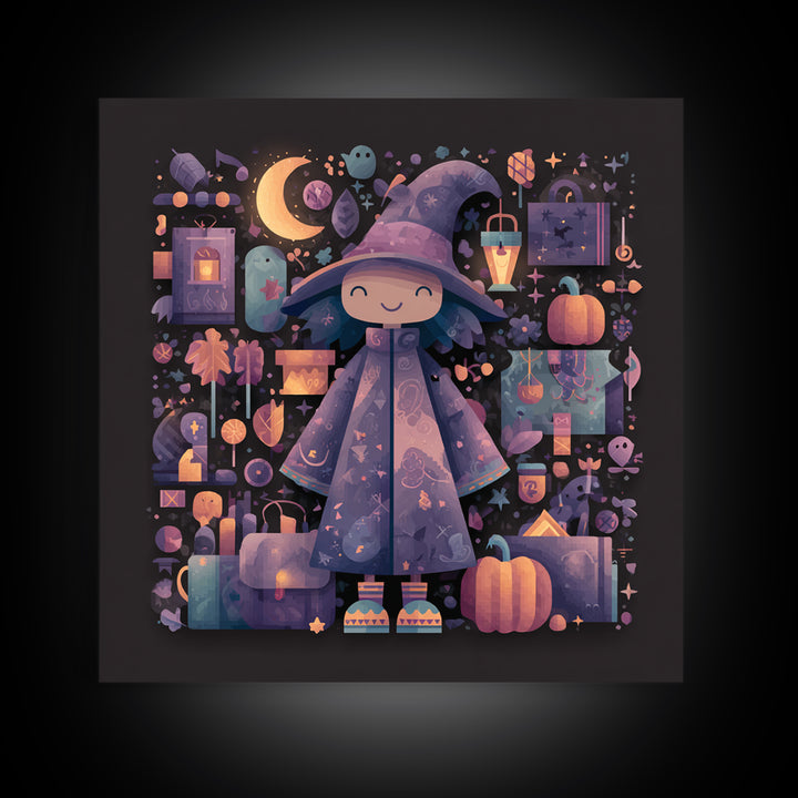 The Moonlight Pajama Witch, Pixel Halloween Art, Square Wall Art, Canvas Print, Cute Halloween Wall Art