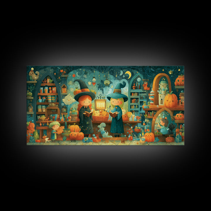 The Tiny Hat Shop Witch, Vector Halloween Art, Wide Panoramic Art, Framed Canvas Print, Cute Halloween Wall Art