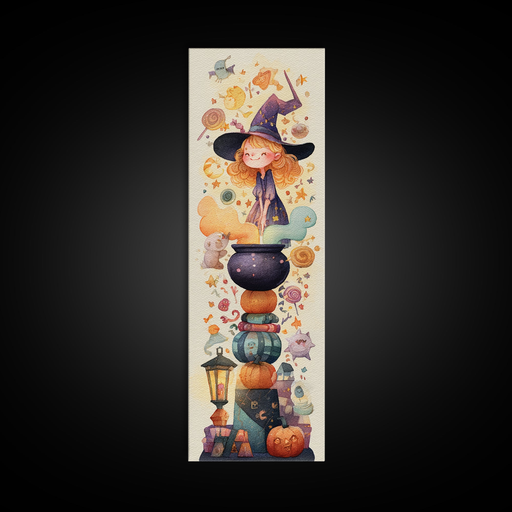 The Rainbow-Cauldron Witch, Watercolor Halloween Art, Tall Narrow Wall Art, Framed Canvas Print, Cute Halloween Wall Art