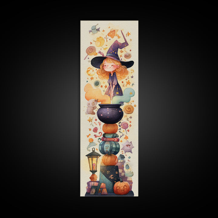 The Rainbow-Cauldron Witch, Watercolor Halloween Art, Tall Narrow Wall Art, Framed Canvas Print, Cute Halloween Wall Art