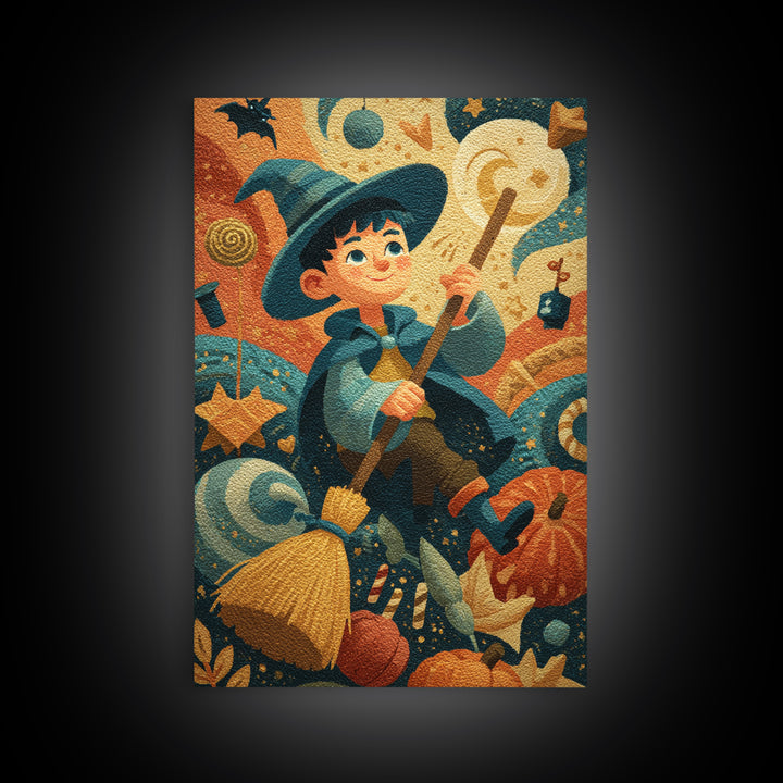 The Stardust Apprentice, Gouache Halloween Art, Vertical Wall Art, Canvas Print, Cute Halloween Wall Art