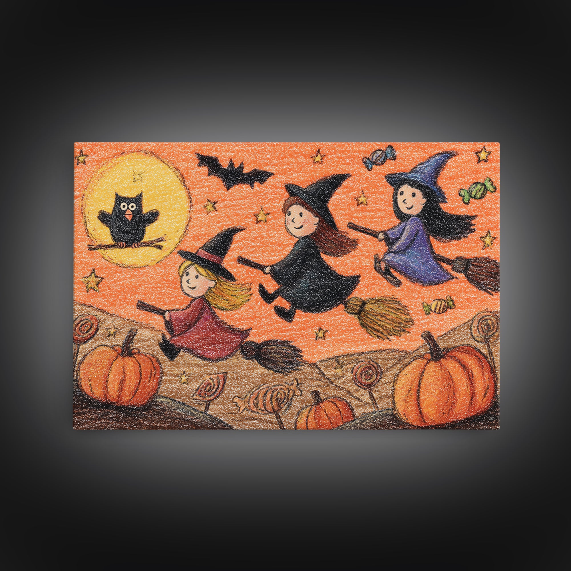 The Broomstick Riding Lesson, Crayon Halloween Art, Landscape Wall Art, Framed Canvas Print, Cute Halloween Wall Art