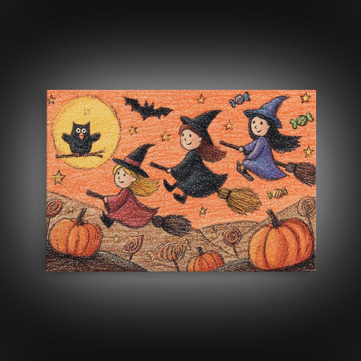 The Broomstick Riding Lesson, Crayon Halloween Art, Landscape Wall Art, Framed Canvas Print, Cute Halloween Wall Art