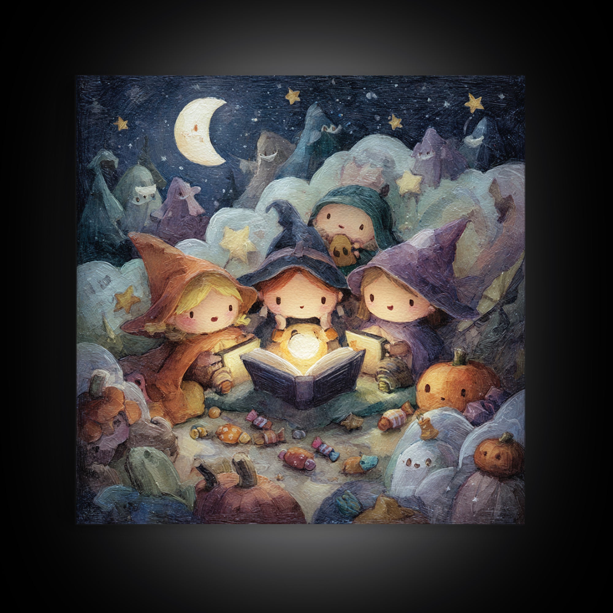 The Spellbook Sleepover, Pastel Halloween Art, Square Wall Art, Canvas Print, Cute Halloween Wall Art