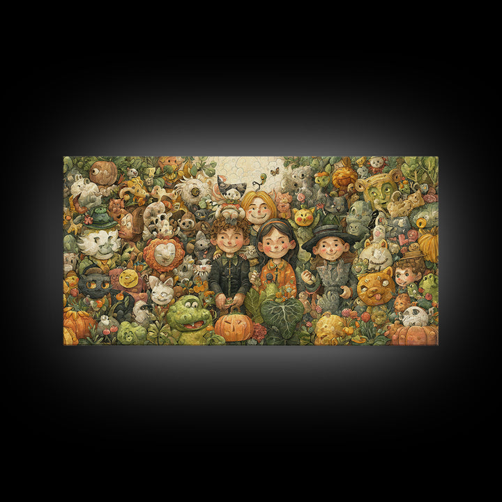 The Friendly Familiar Club, Paper Collage Halloween, Wide Panoramic Art, Framed Canvas Print, Cute Halloween Wall Art