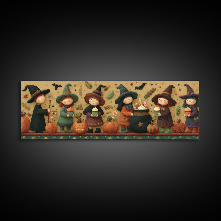The Cupcake Cauldron Class, Felt Halloween Art, Extra Wide Wall Art, Canvas Print, Cute Halloween Wall Art