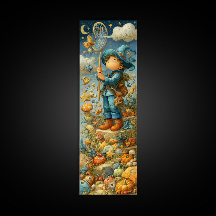 The Cloud-Catching Wizard, Clay Halloween Art, Tall Narrow Wall Art, Framed Canvas Print, Cute Halloween Wall Art
