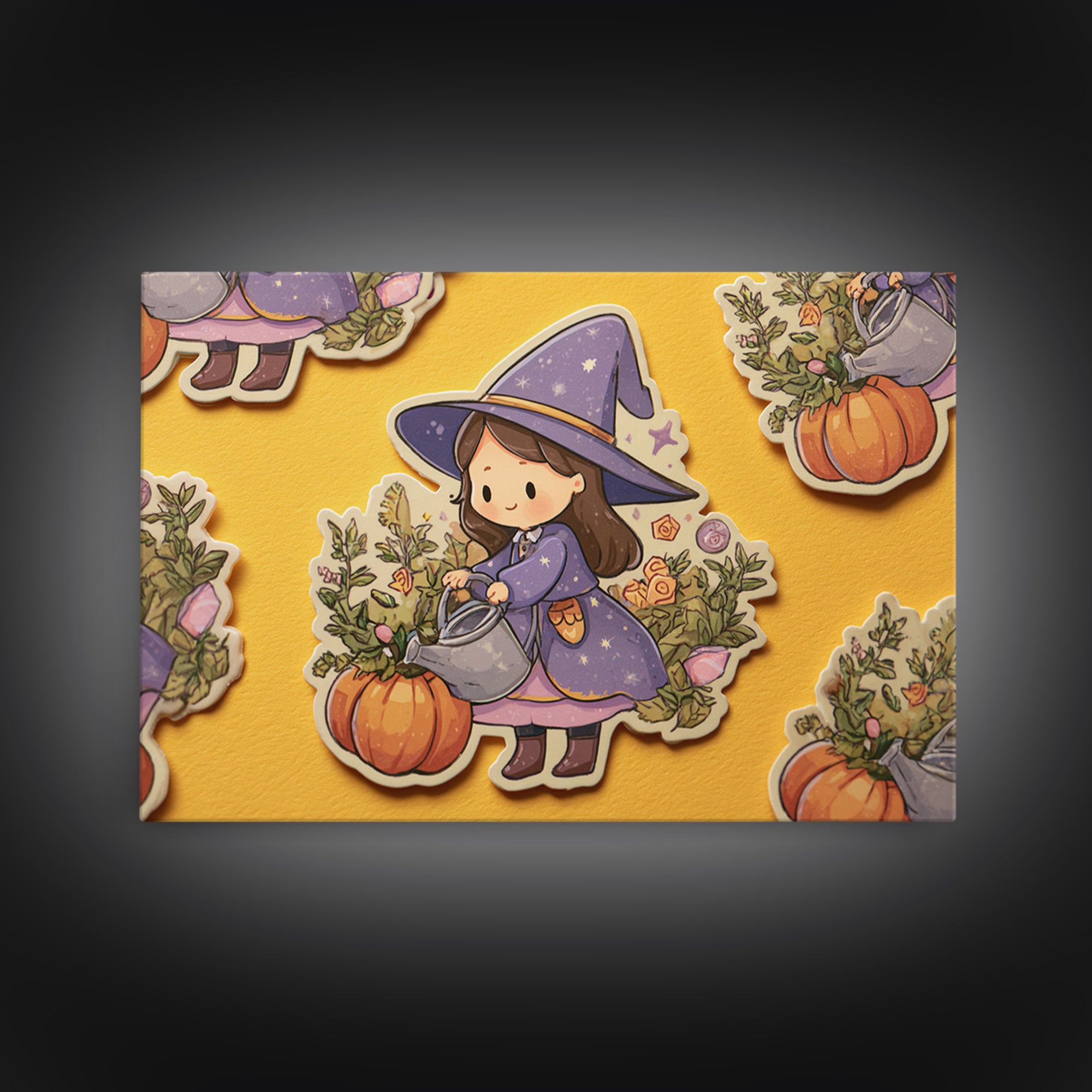 The Moon Garden Witch, Kawaii Halloween Art, Landscape Wall Art, Framed Canvas Print, Cute Halloween Wall Art
