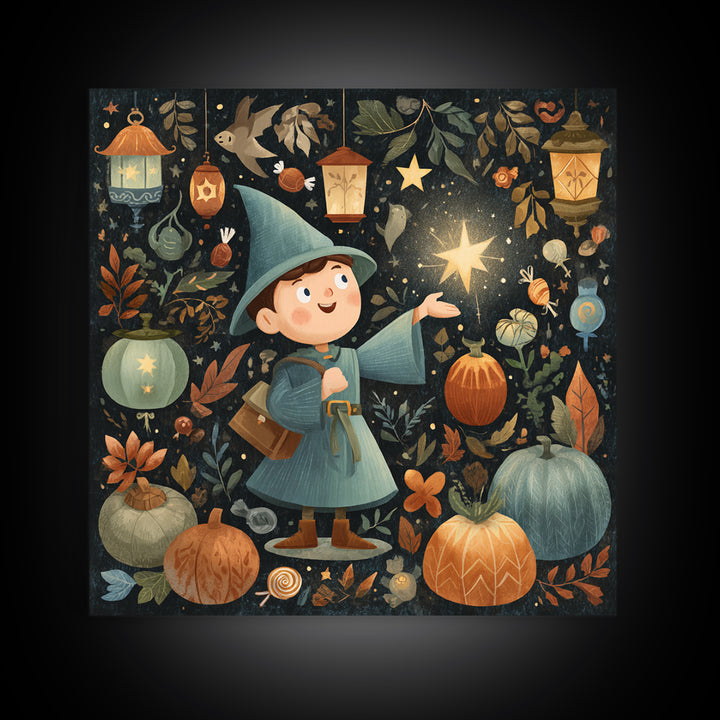 The Lantern-Light Wizard, Retro Halloween Art, Square Wall Art, Canvas Print, Cute Halloween Wall Art