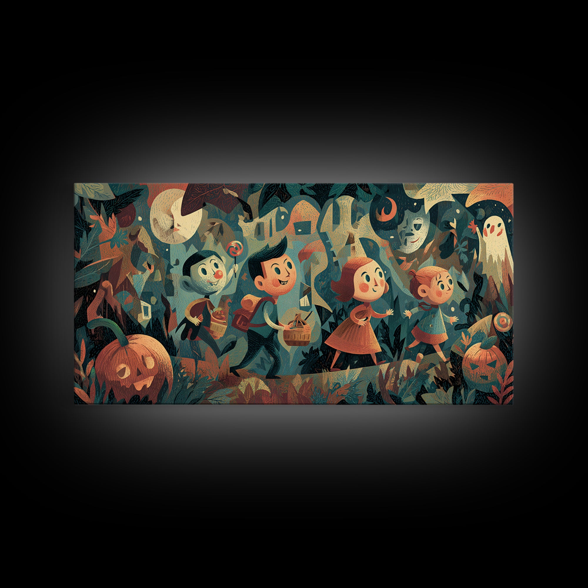 The Candy Map Adventurers, Screenprint Halloween Art, Wide Panoramic Art, Framed Canvas Print, Cute Halloween Wall Art