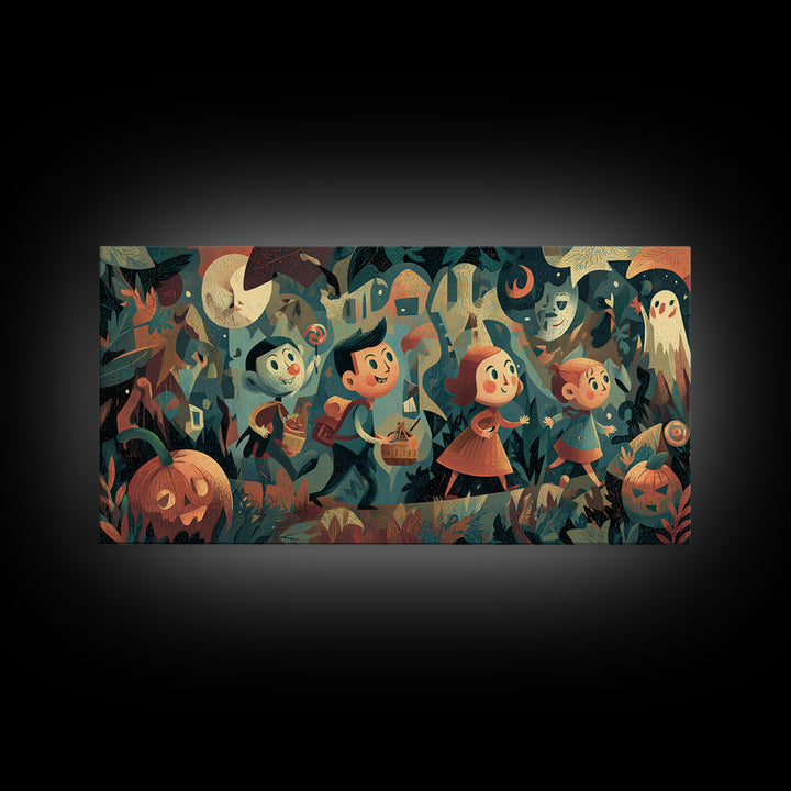 The Candy Map Adventurers, Screenprint Halloween Art, Wide Panoramic Art, Framed Canvas Print, Cute Halloween Wall Art