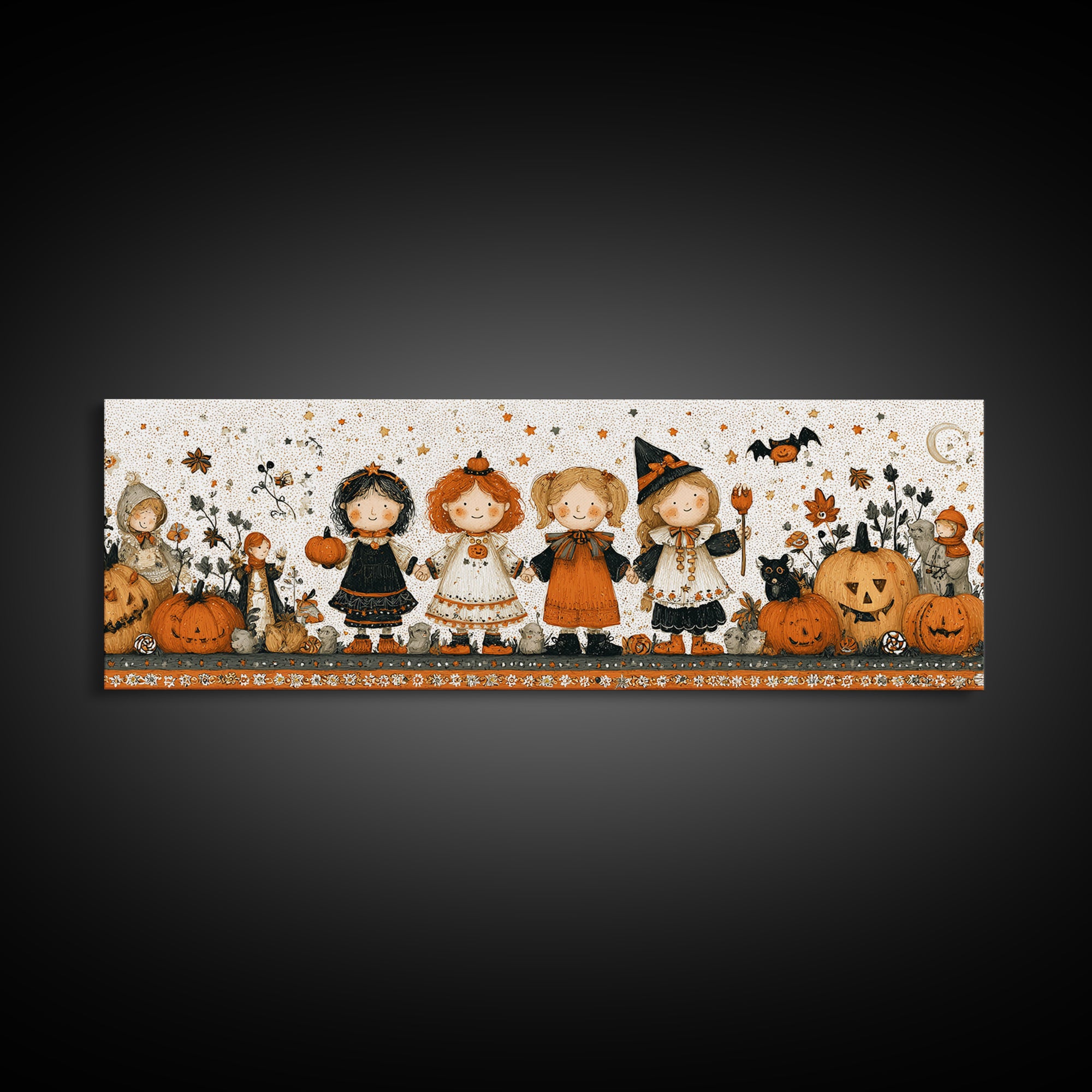 The Halloween Friendship Spell, Folk Halloween Art, Extra Wide Wall Art, Canvas Print, Cute Halloween Wall Art