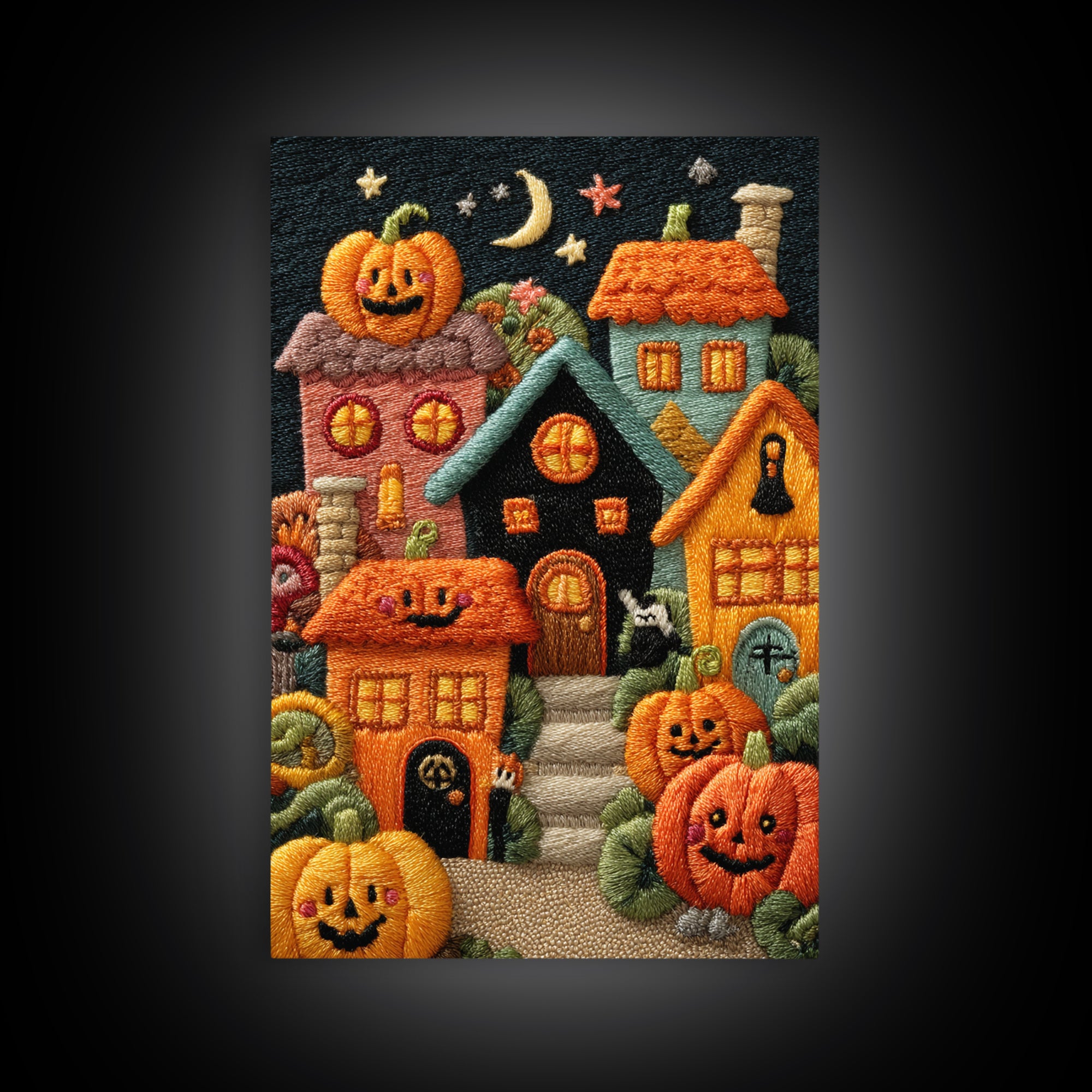 Pumpkin Cottage Lane, Embroidered Halloween Art, Vertical Wall Art, Canvas Print, Cute Halloween Wall Art