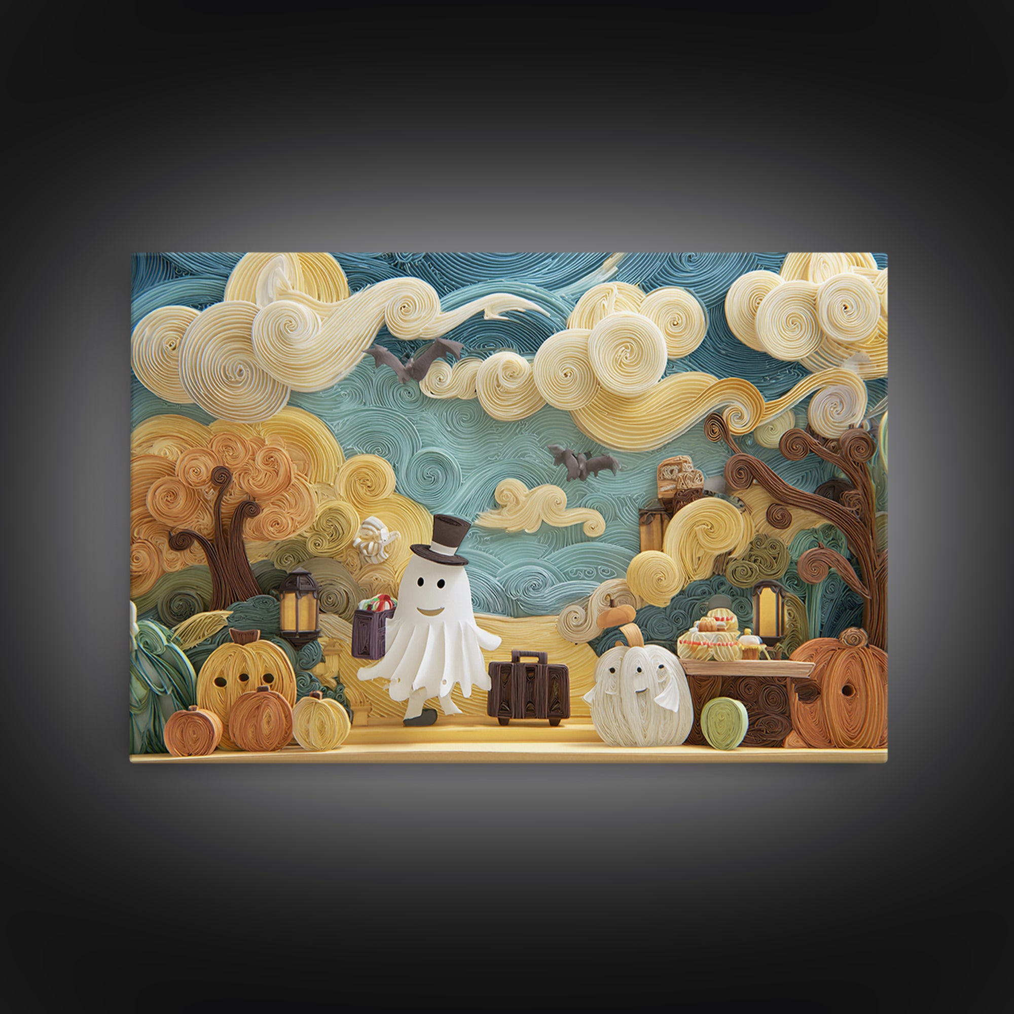 The Friendly Ghost Hotel, Quilled Halloween Art, Landscape Wall Art, Framed Canvas Print, Cute Halloween Wall Art