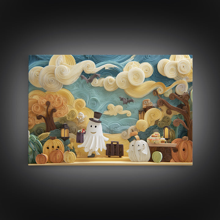 The Friendly Ghost Hotel, Quilled Halloween Art, Landscape Wall Art, Framed Canvas Print, Cute Halloween Wall Art