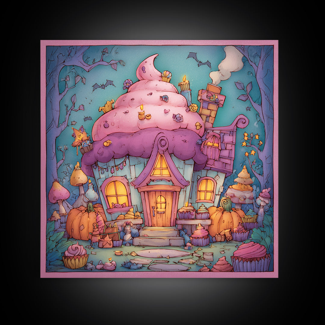 The Witch'S Cupcake Cottage, Stained Glass Halloween, Square Wall Art, Canvas Print, Cute Halloween Wall Art