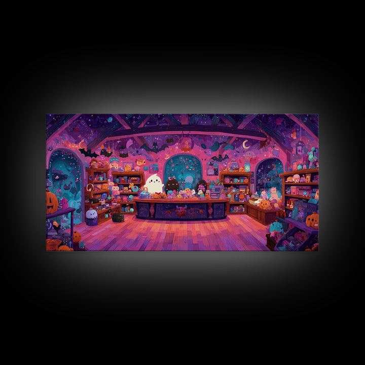 The Moonlight Toy Shop, Vaporwave Halloween Art, Wide Panoramic Art, Framed Canvas Print, Cute Halloween Wall Art