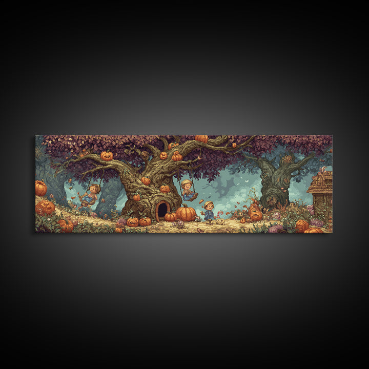 The Pumpkin Patch Playground, Pixel Halloween Art, Extra Wide Wall Art, Canvas Print, Cute Halloween Wall Art
