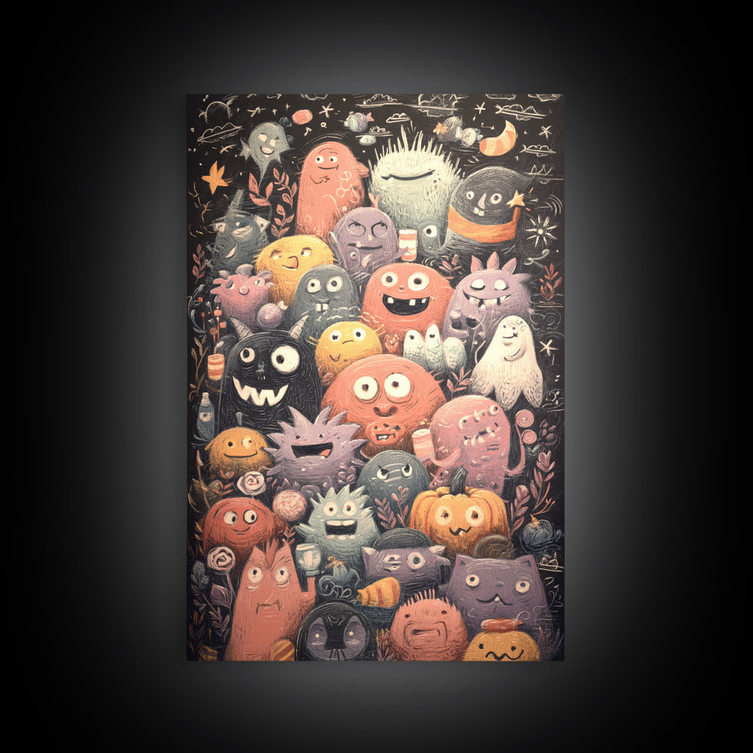 The Little Monster School, Hand Sketch Halloween Art, Vertical Wall Art, Canvas Print, Cute Halloween Wall Art