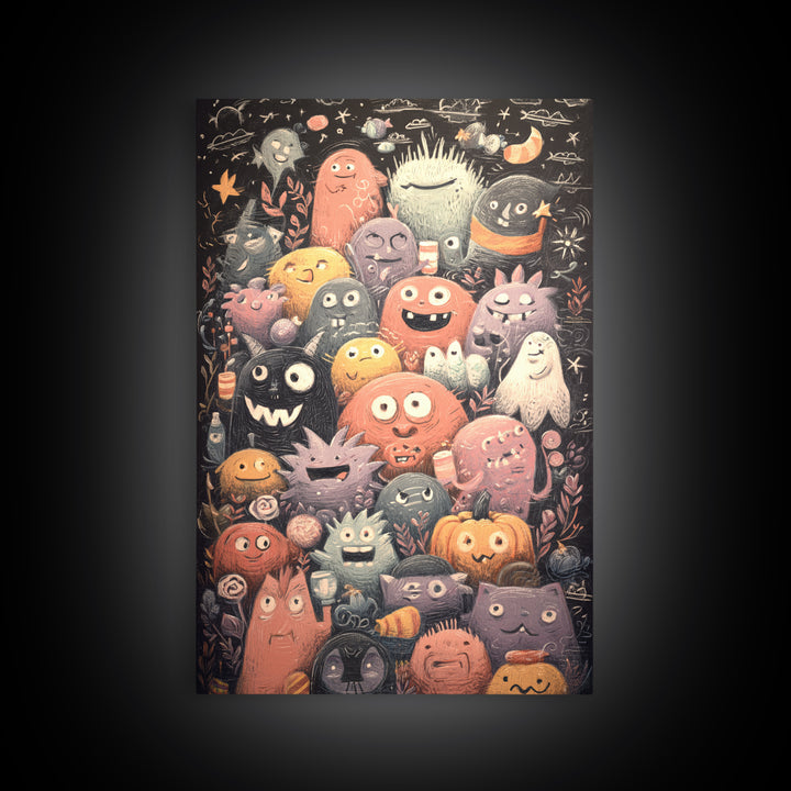 The Little Monster School, Hand Sketch Halloween Art, Vertical Wall Art, Canvas Print, Cute Halloween Wall Art