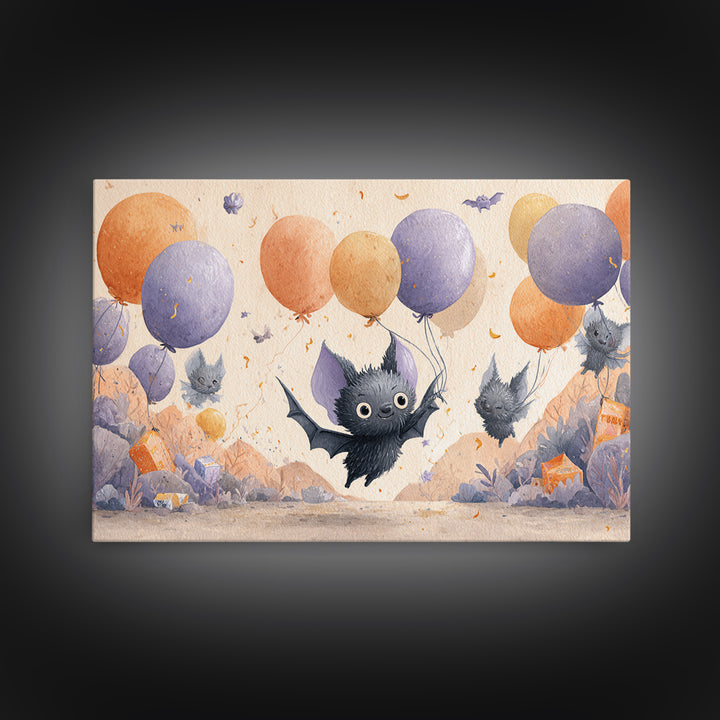 The Bat Balloon Factory, Watercolor Halloween Art, Landscape Wall Art, Framed Canvas Print, Cute Halloween Wall Art