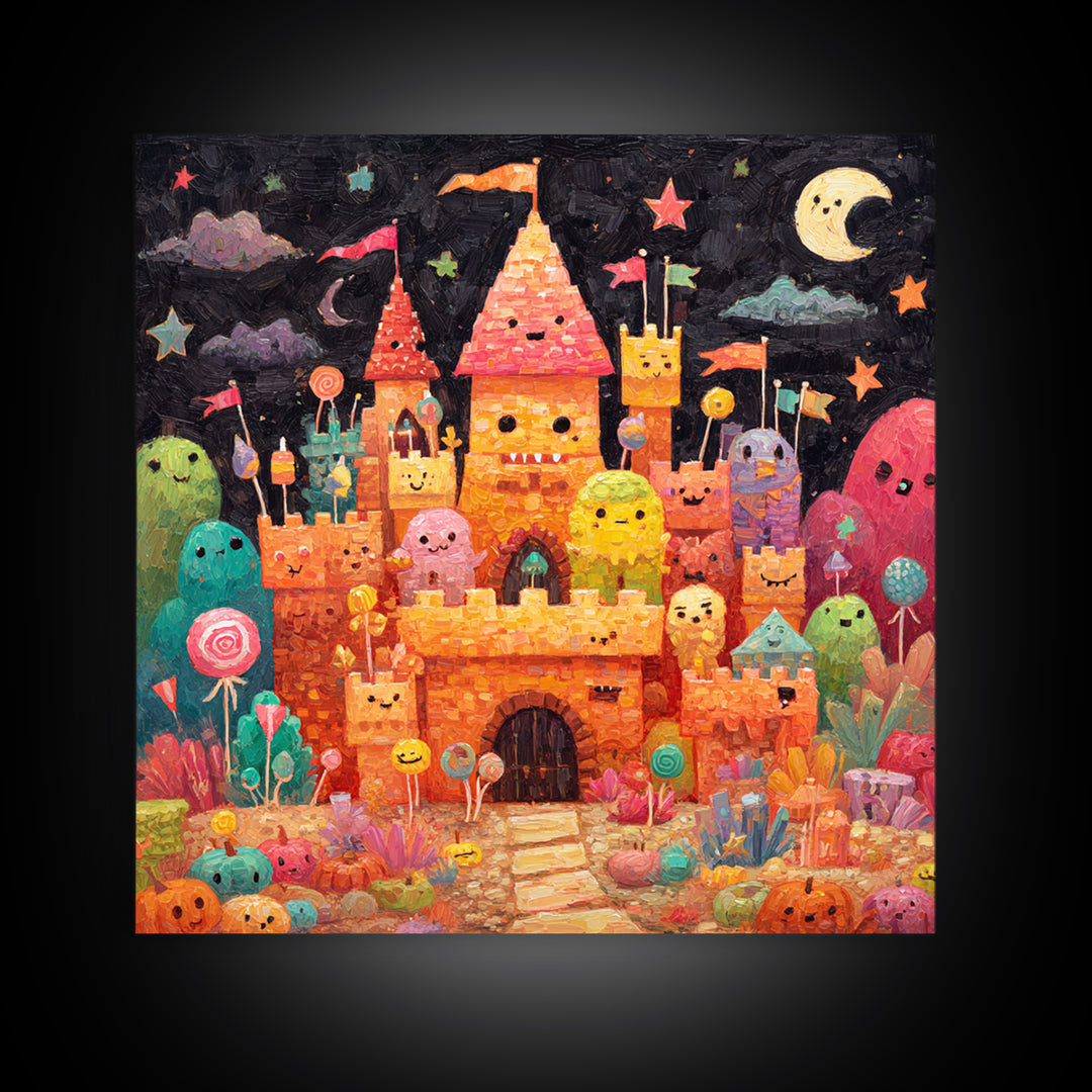 The Candy Castle, Gouache Halloween Art, Square Wall Art, Canvas Print, Cute Halloween Wall Art, Halloween Kids Decor