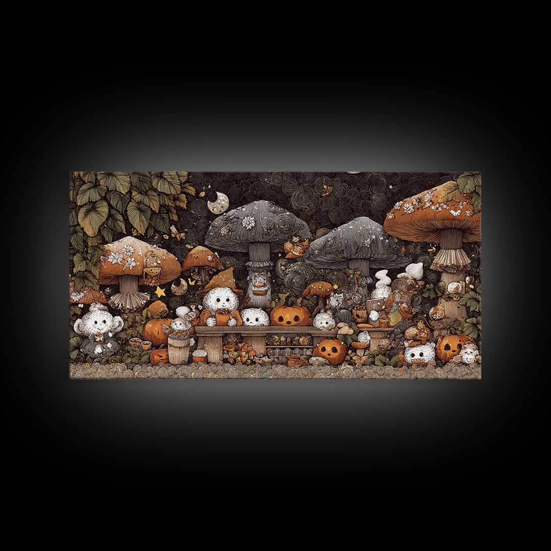 The Friendly Forest Cafe, Crayon Halloween Art, Wide Panoramic Art, Framed Canvas Print, Cute Halloween Wall Art