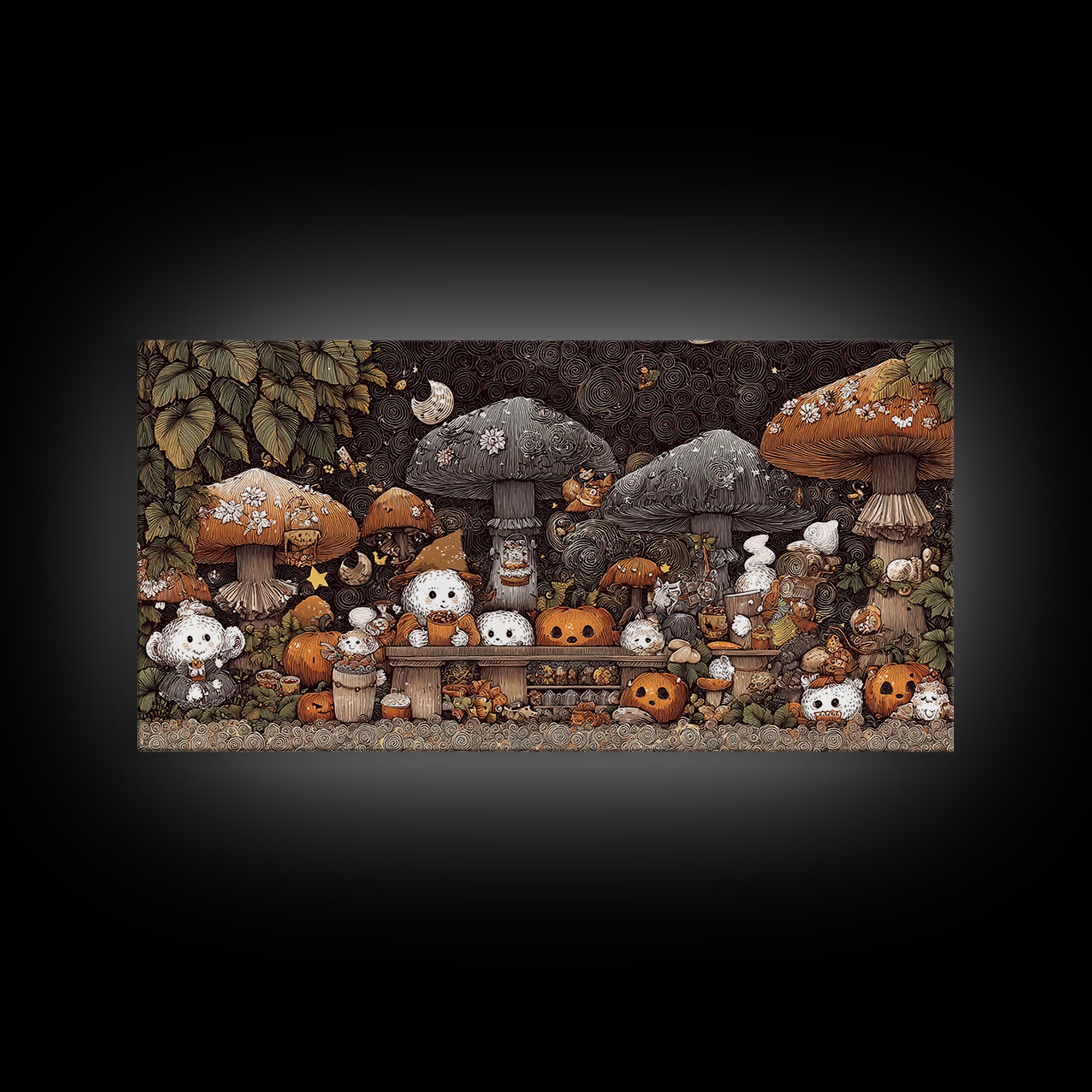 The Friendly Forest Cafe, Crayon Halloween Art, Wide Panoramic Art, Framed Canvas Print, Cute Halloween Wall Art