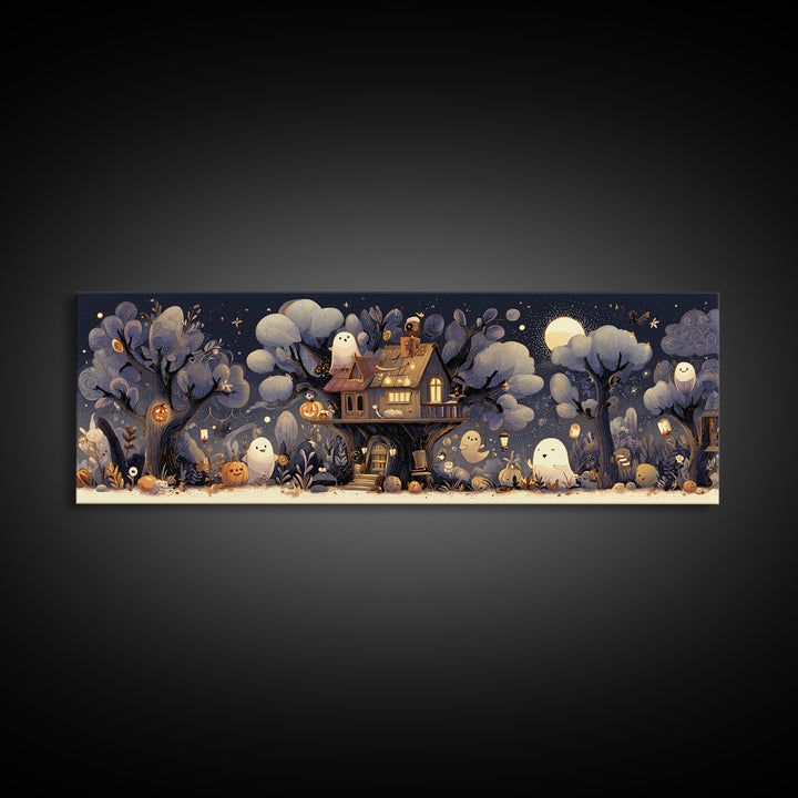 The Ghostly Treehouse, Pastel Halloween Art, Extra Wide Wall Art, Canvas Print, Cute Halloween Wall Art