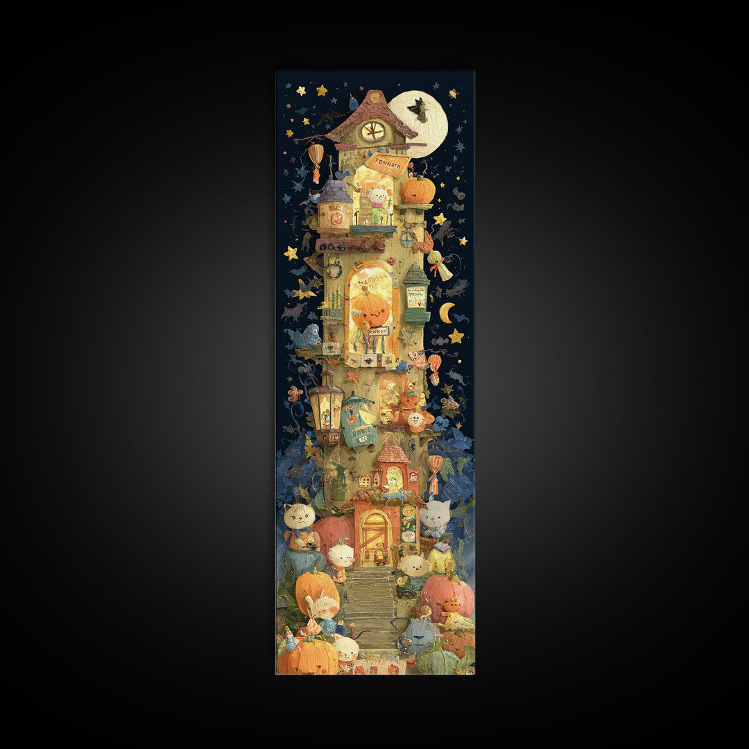 The Pumpkin Train Station, Paper Collage Halloween, Tall Narrow Wall Art, Framed Canvas Print, Cute Halloween Wall Art