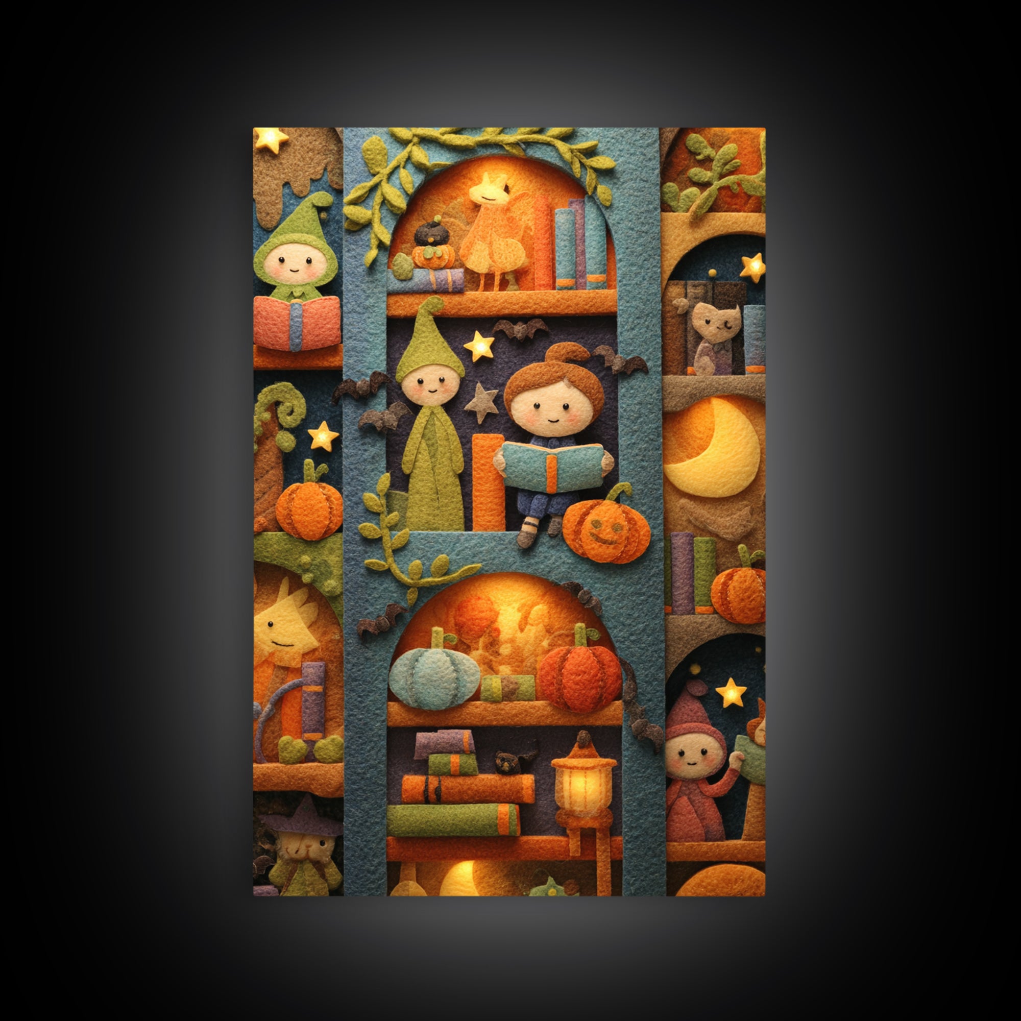 The Moonbeam Library, Felt Halloween Art, Vertical Wall Art, Canvas Print, Cute Halloween Wall Art, Whimsical Nursery Decor