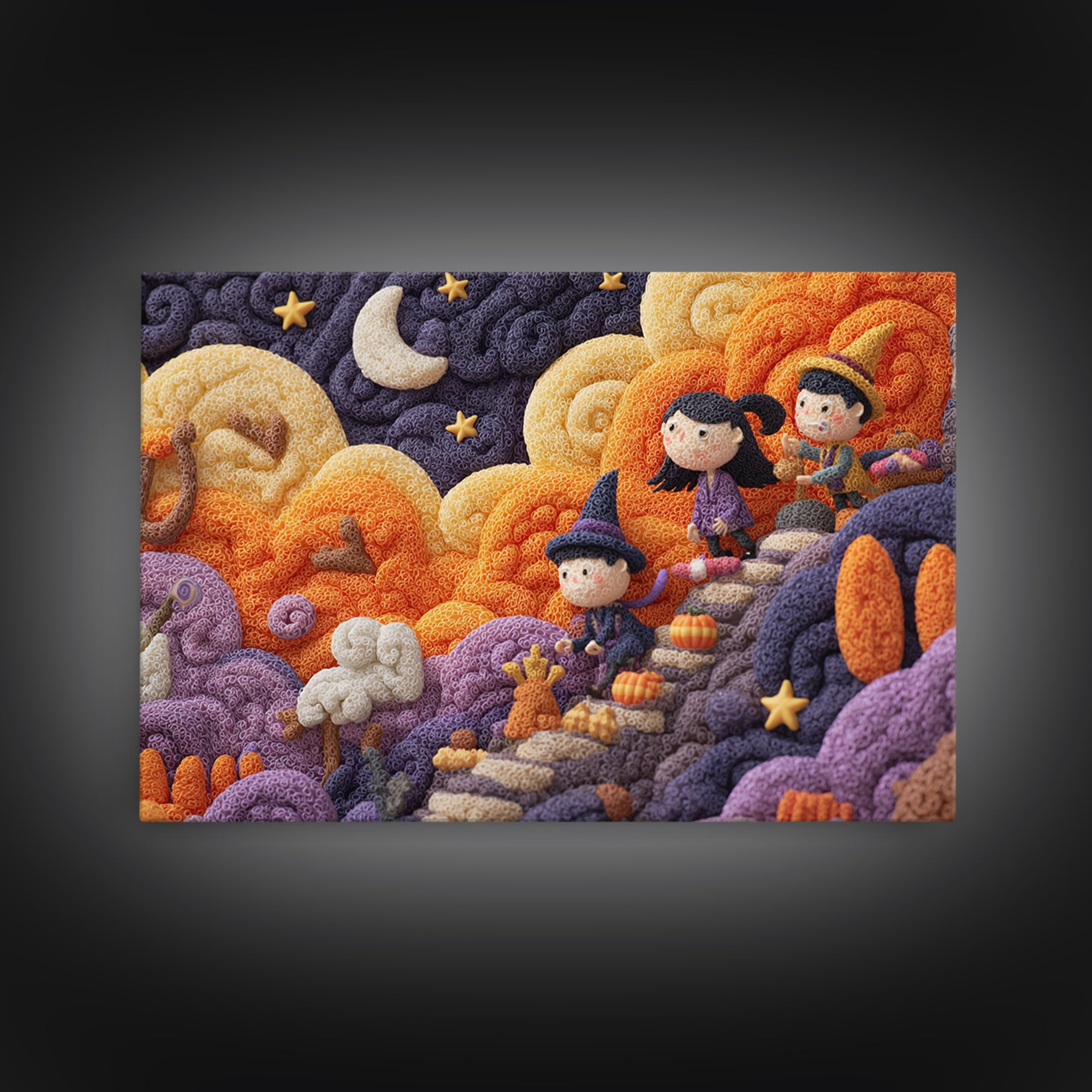 The Halloween Cloud Kingdom, Clay Halloween Art, Landscape Wall Art, Framed Canvas Print, Cute Halloween Wall Art