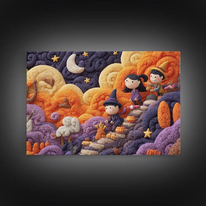 The Halloween Cloud Kingdom, Clay Halloween Art, Landscape Wall Art, Framed Canvas Print, Cute Halloween Wall Art