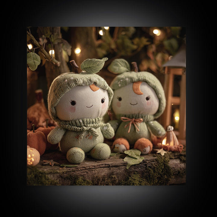The Enchanted Apple Orchard, Plush Halloween Art, Square Wall Art, Canvas Print, Cute Halloween Wall Art