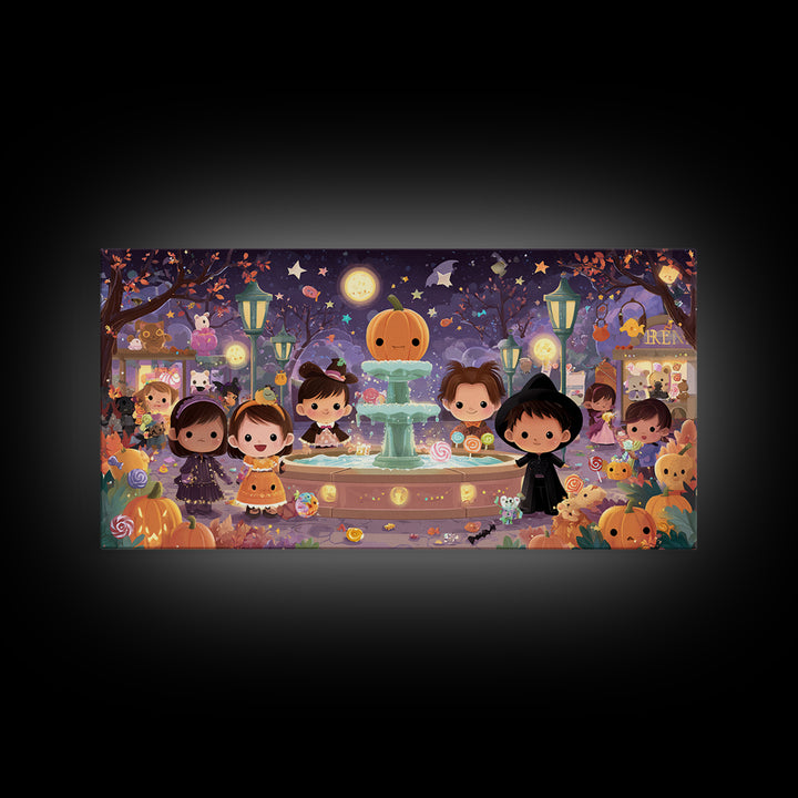 The Trick-Or-Treat Village Square, Kawaii Halloween Art, Wide Panoramic Art, Framed Canvas Print, Cute Halloween Wall Art