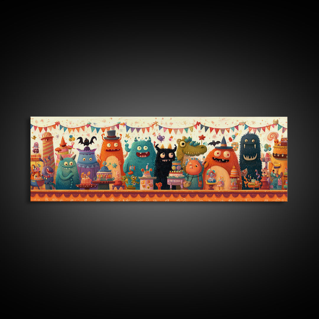 The Friendly Monster Market, Retro Halloween Art, Extra Wide Wall Art, Canvas Print, Cute Halloween Wall Art