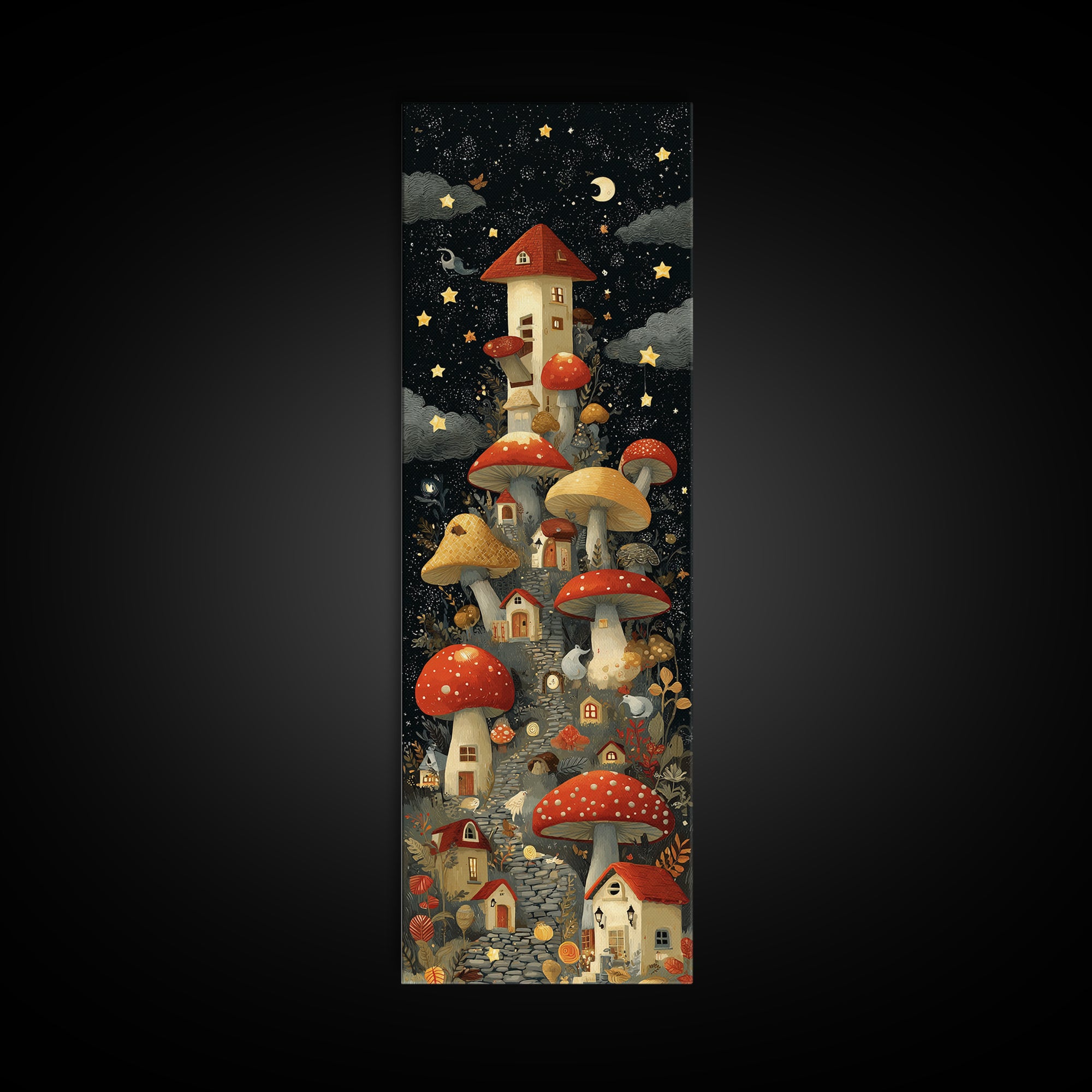 The Lantern-Lit Mushroom Village, Screenprint Halloween Art, Tall Narrow Wall Art, Framed Canvas Print, Cute Halloween Wall Art