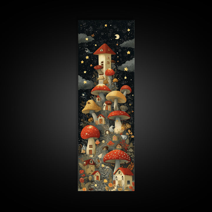 The Lantern-Lit Mushroom Village, Screenprint Halloween Art, Tall Narrow Wall Art, Framed Canvas Print, Cute Halloween Wall Art