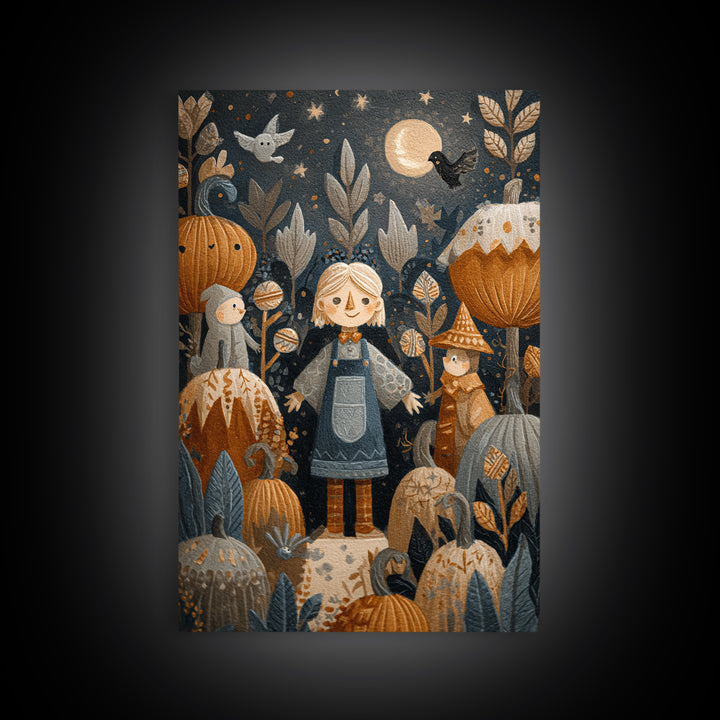 The Starry Pumpkin Farm, Folk Halloween Art, Vertical Wall Art, Canvas Print, Cute Halloween Wall Art